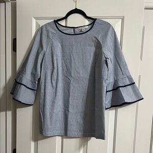 Counterparts Blue and White Striped Polka Dot Ruffle Sleeve Blouse Size Large